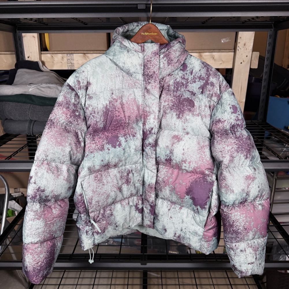 The North Face Womens XL 700‎ Fill Down Puffer Jacket Purple Grey Tie Dye Hooded
